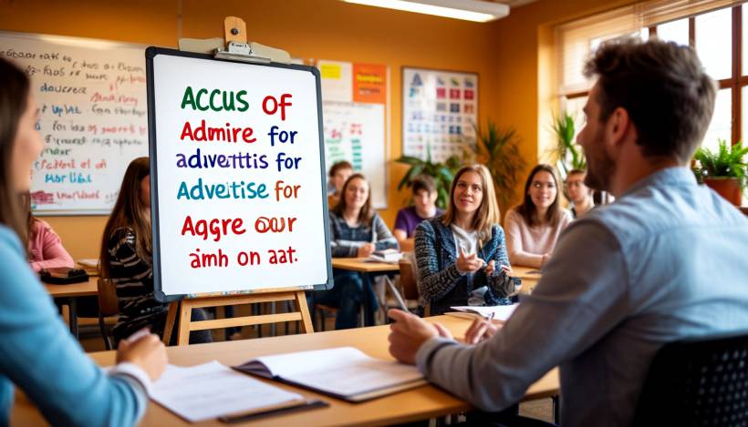 Упражнения глаголами и предлогами: accuse of, admire for, advertise for, advise on, agree on (with, to, about) aim at